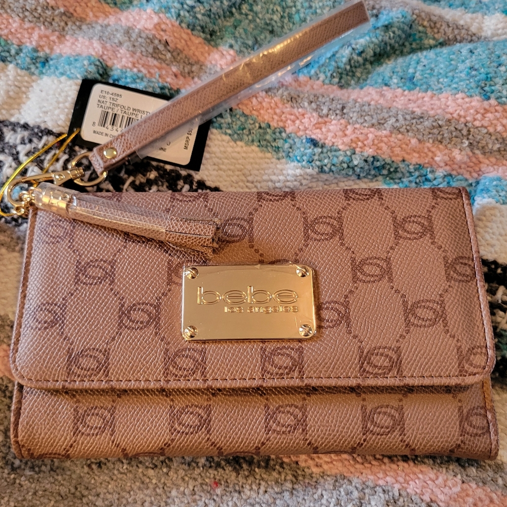 Bebe taupe logo tri fold wristlet
